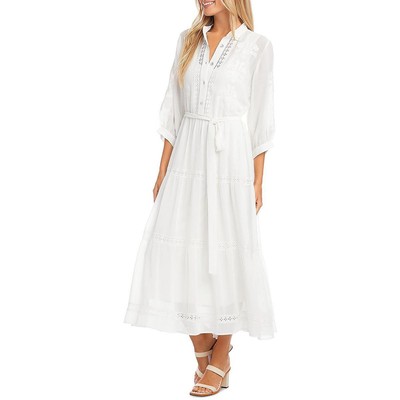 

Женское белое длинное платье-рубашка с вышивкой и поясом Karen Scott  BHFO 8360, Off white