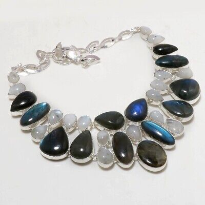 Blue Fire Labradorite Rainbow Moonstone Gemstone Jewelry Necklace 18" BN 5331