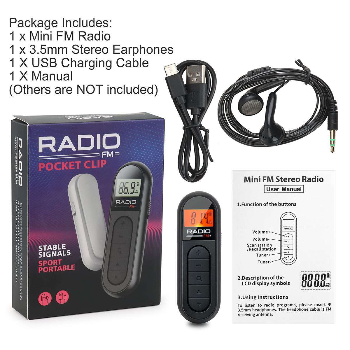 Portable AM/FM Pocket Radio Mini Walkman Digital LCD Screen with 3.5mm Earphone