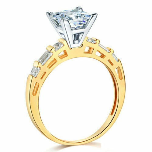 Pre-owned Td Collections 14k Yellow Gold 1.25ct Princess-cut & Baguette Side Cz Engagement Ring In White