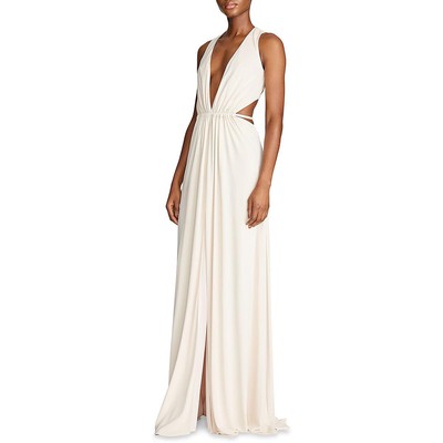 Официальное вечернее платье Halston Womens Megan бежевого цвета с глубоким V-образным вырезом, 12 BHFO 3919