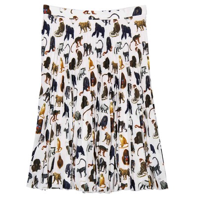 Pre-owned Burberry Ladies Monkey Print Pleated Crepe De Chine Skirt In Multicolor