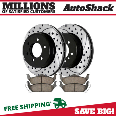 Rear Drilled Slotted Brake Rotors Black & Pads for Ford F-150 Lincoln Mark LT V8