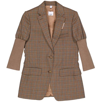 Pre-owned Burberry Ladies Fawn Knitted Sleeve Houndstooth Check Wool Tailored Jacket, In Check Description