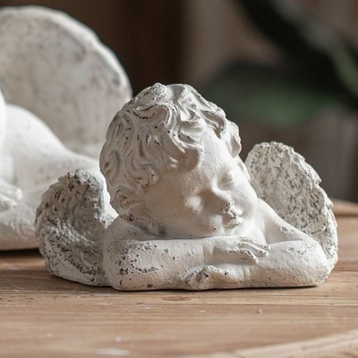 Statue 29cm Resting Cherub Angel Resin Distressed White Vintage Large