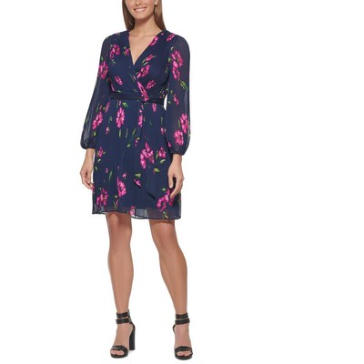 

Женское летнее мини-платье DKNY темно-синего цвета с поясом  BHFO 4261, Navy multi