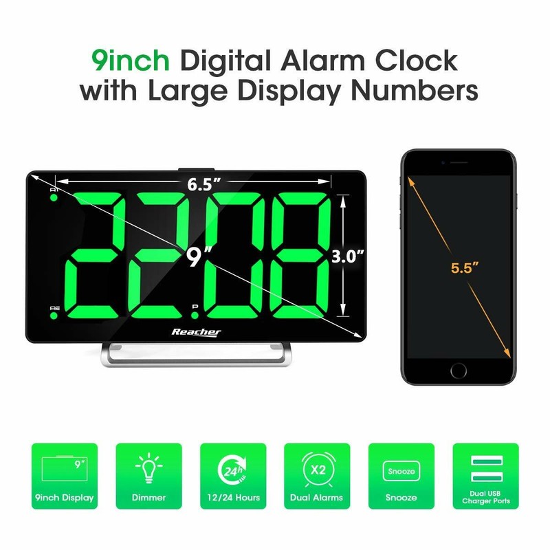 K-star Large Alarm Clock 9" LED Digital Display Dual Alarm with USB Charger Port