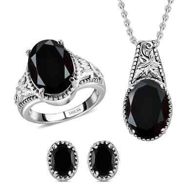Natural Black Onyx Ring Size 9 Stud Earrings Pendant Necklace Jewelry Set Gift