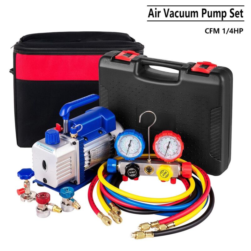 4CFM 1/4HP Air Vacuum Pump Refrigerant Rotary Vane Valve AC Manifold Gauge Set