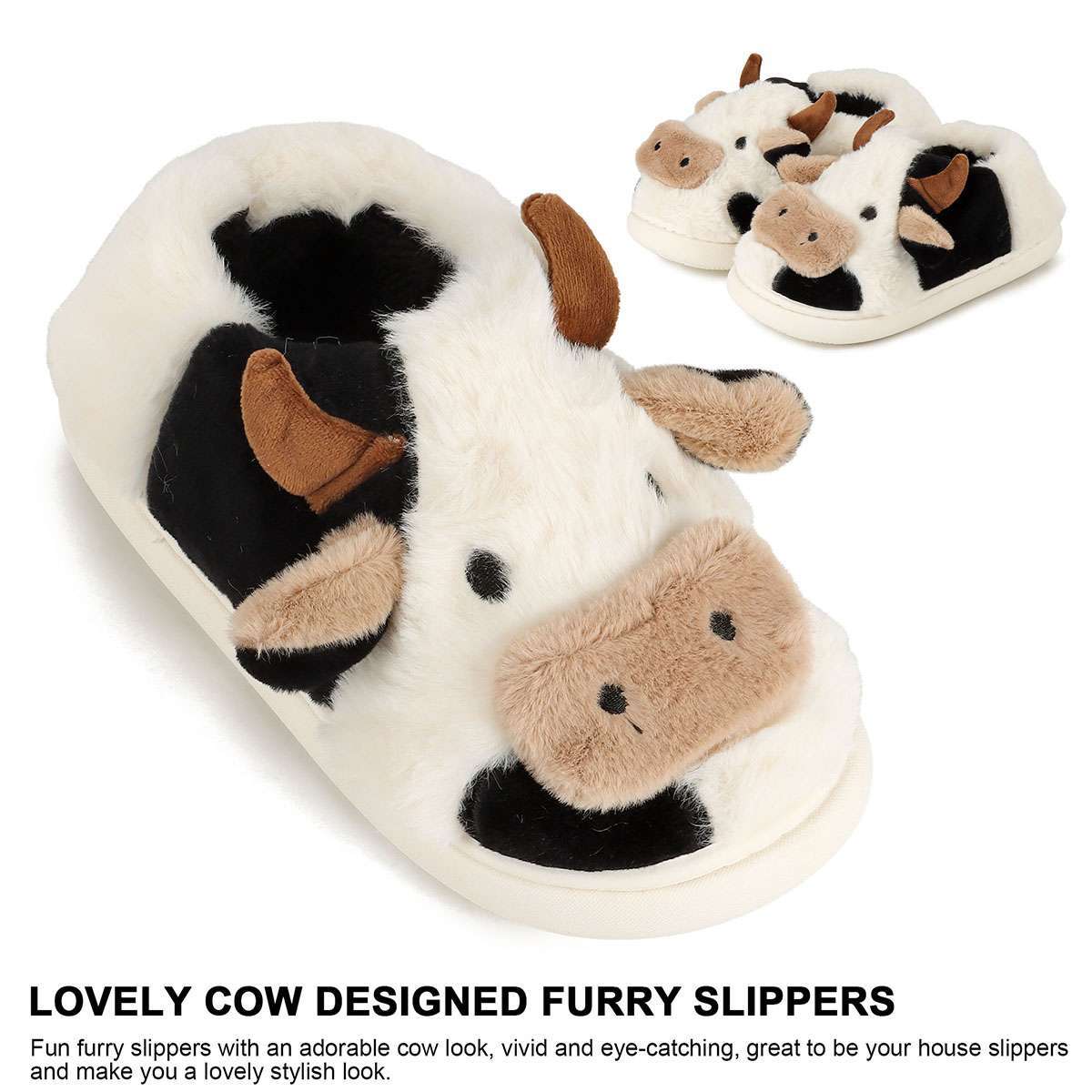 Women Men Fuzzy Cow Slippers Winter Novelty Indoor Home Animal Slippers Adult US