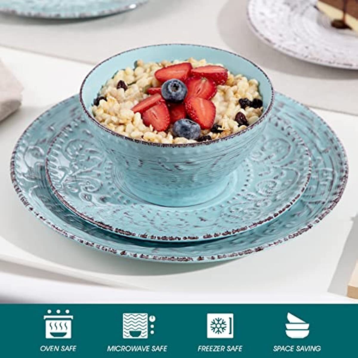 vancasso VINE Embossed Dinnerware Set Stoneware 16Piece Plate Bowl Service for 4