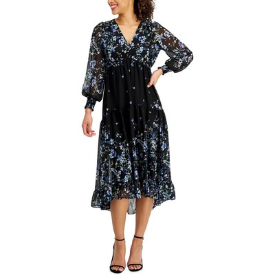 Женское черное платье миди до середины икры с оборками и цветочным принтом Taylor 2 BHFO 4442