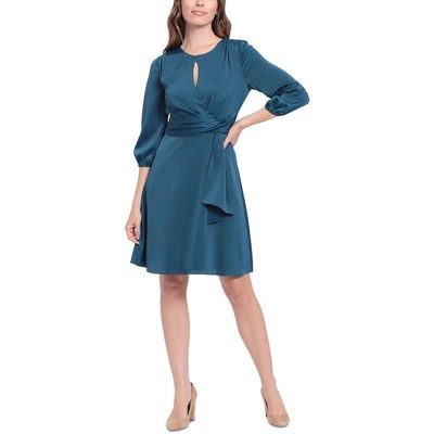 London Times Womens Blue Satin Knee Length Fit & Flare Dress 14 BHFO 9827