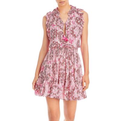 

Женское короткое присборенное мини-платье Poupette St Barth с разрезом на шее BHFO 2657, Pink flower