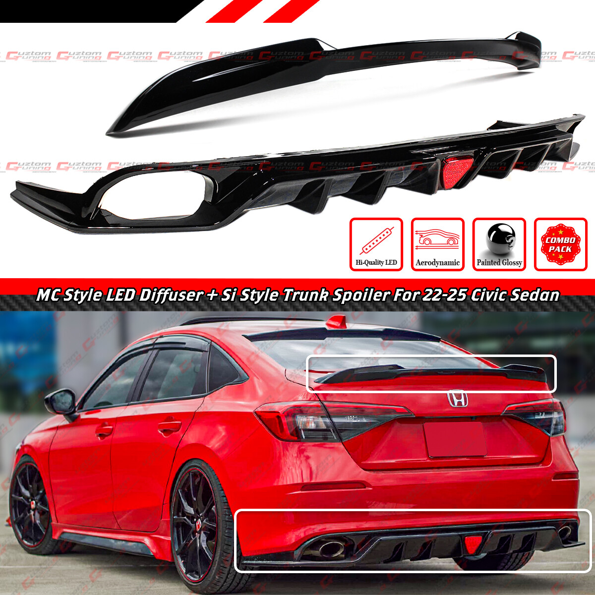 FOR 22-26 Honda Civic MC Style Gloss Black Rear LED Diffuser + Si Trunk Spoiler