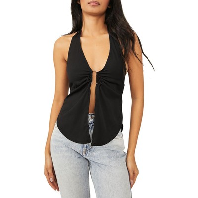 Free People Womens Calista Black Split Front O Ring Halter Top Shirt M BHFO 8876