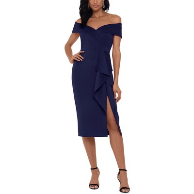 Женское синее миди-платье Xscape с оборками для свадебных коктейлей и вечеринок 6 BHFO 9485