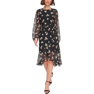 Tommy Hilfiger Womens Black Ruffled Floral Print Fit & Flare Dress 12 BHFO 4861