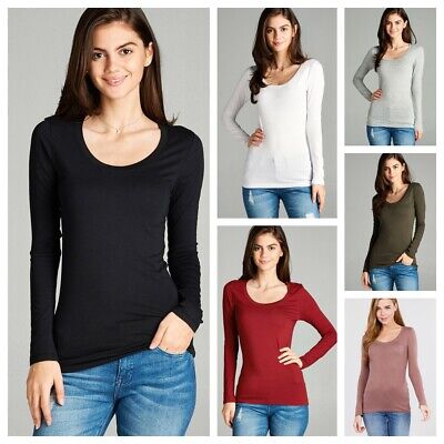WOMENS STRETCH COTTON SCOOP NECK LONG SLEEVE FITTED T SHIRT TOP S-3X