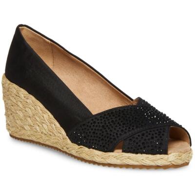 

Женские сандалии на танкетке Anne Klein Ezzie со стразами и открытым носком BHFO 5355, Черный, Ezzie