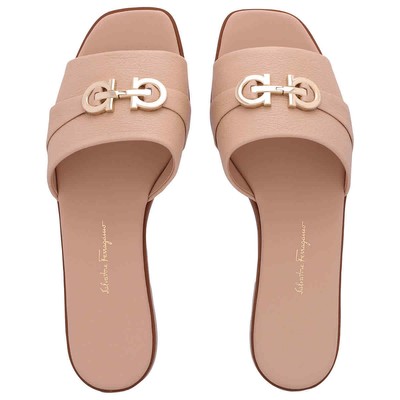 Pre-owned Ferragamo Salvatore  Ladies Pink Leather Rhodes Gancini Flat Sandals