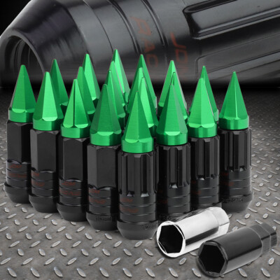 ОСТРОКОНЕЧНЫЙ КОЛПАЧОК ИЗ ЗЕЛЕНОЙ СТАЛИ С ШЛИЦЕМ, 16 ВЫСТУПОВ ОБОДА + 4 КОНТРГАЙКИ + КЛЮЧ M12X1,5 22 мм x 75 мм