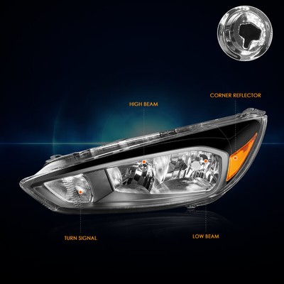 For 15-18 Ford Focus Gen3 Direct Bolt-On Headlight/Lamp Black Housing Amber Side