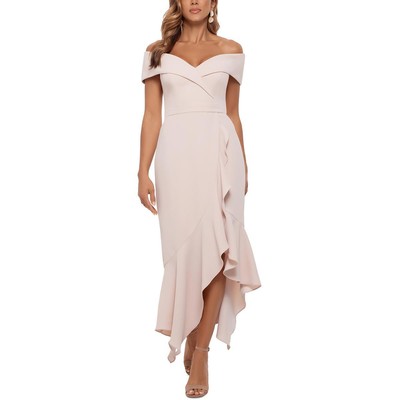 Xscape Womens Beige Ruffled Off-The-Shoulder Fit & Flare Dress Gown 4 BHFO 1371