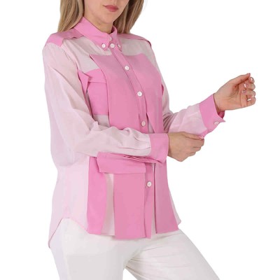 Pre-owned Burberry Ladies Beckierl Pale Candy Pink Panelled Silk Crepe-de-chine Shirt,