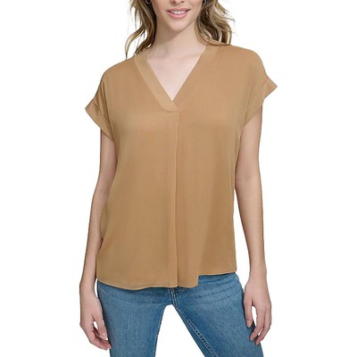 Calvin Klein Womens Tan Layered Sheer V Neck Pullover Top Blouse M BHFO 1081