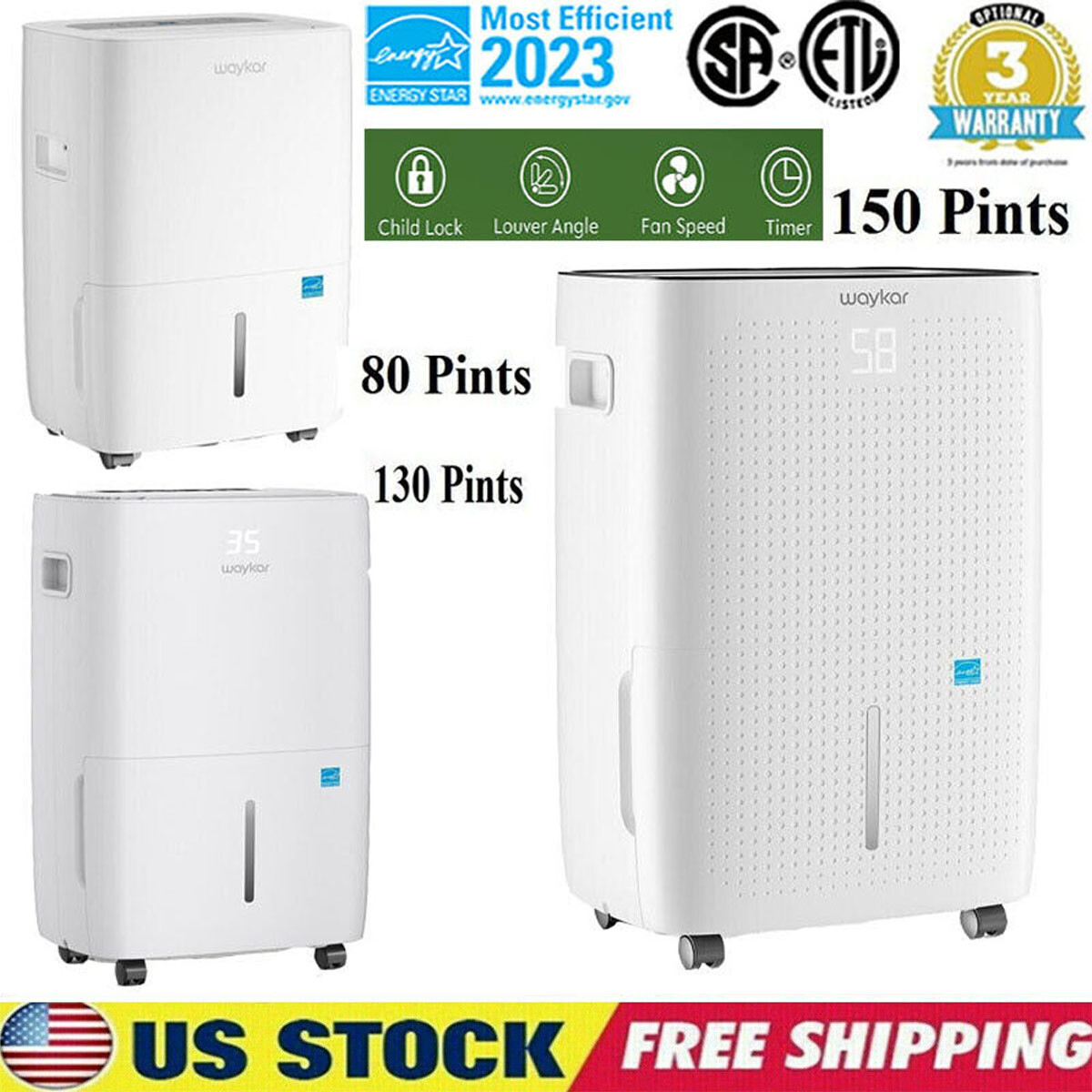 30/80/120/130/150 Pint Home Commercial Dehumidifier for Rooms Basement Bathroom