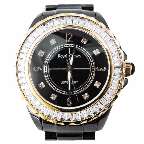 Pre-owned Royal Crown 3821m-4 Women's Wrist Watch 39mm Ceramic Case Cz Stones Ceramic Band