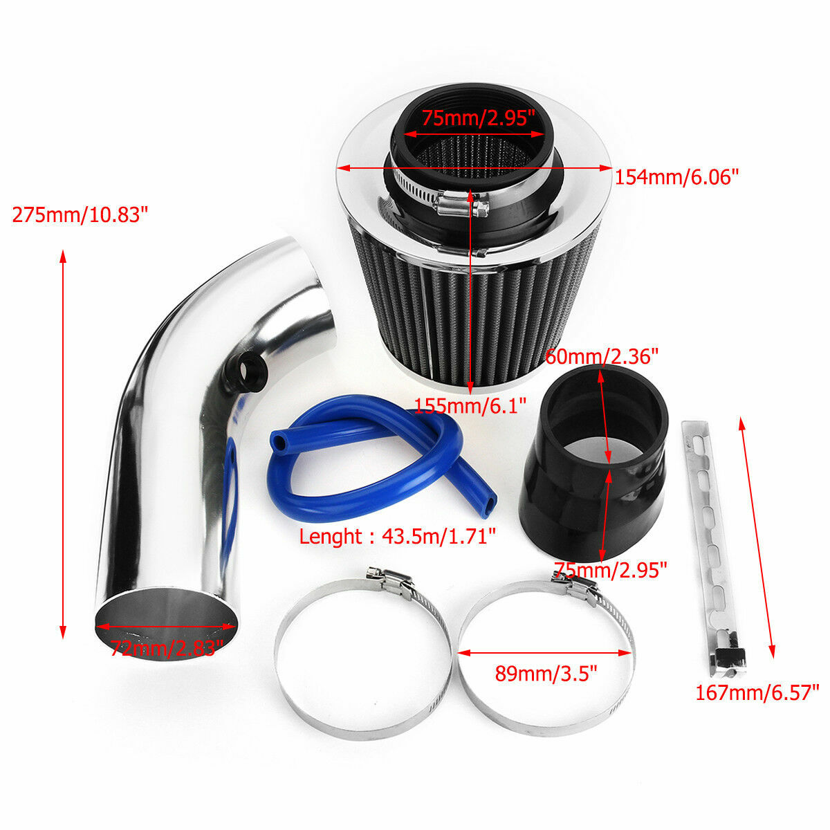 3'' Chrome Aluminum Car Cold Air Intake Filter Induction Pipe Hose Kit