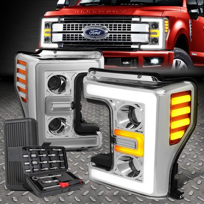 ДЛЯ 17-19 FORD SUPER DUTY LED DRL ПРОЕКТОРНАЯ ЛАМПА ДЛЯ ФАР + НАБОР ИНСТРУМЕНТОВ ХРОМ/ЯНТАРНЫЙ