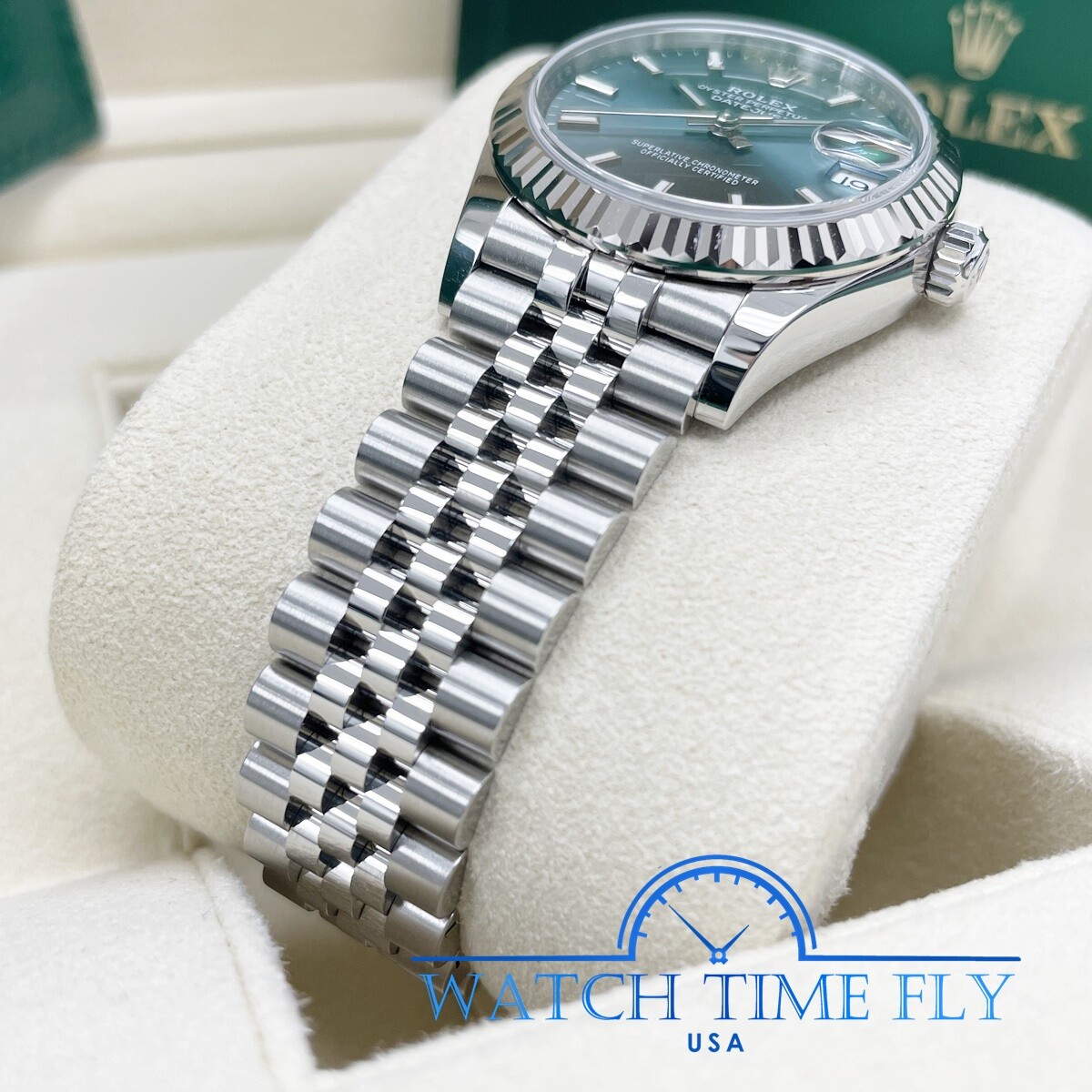 Pre-owned Rolex 278274 Datejust 31mm Steel And White Gold Fluted Bezel Mint Green Dial