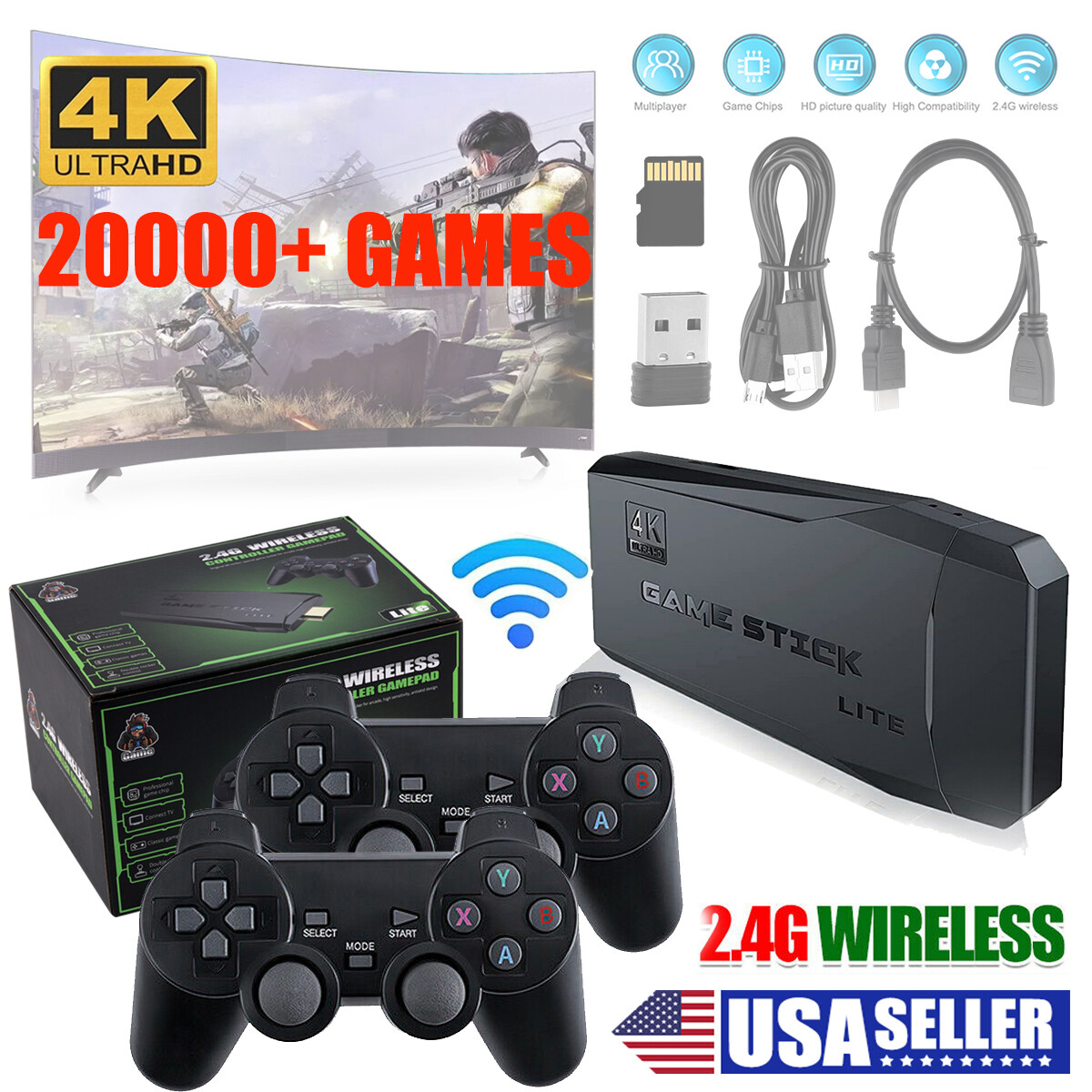 4K TV Game Stick 64GB 20000+ Video Game Consoles For PS1 w/2