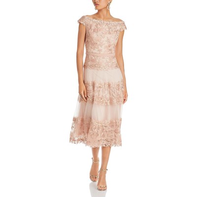 Tadashi Shoji Женское розовое кружевное миди-платье для вечеринки, размер плюс 18 BHFO 9770