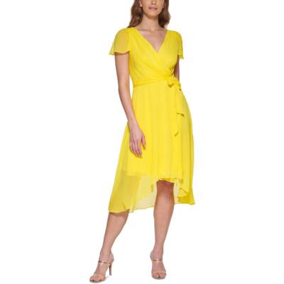 

DKNY Womens Yellow Faux-Wrap V-образный вырез Hi-Low Платье с запахом  BHFO 4412, Sunshine
