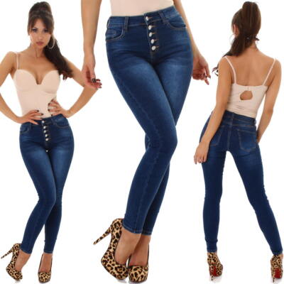 Jela London Damen High-Waist Stretch-Jeans Knopfleiste