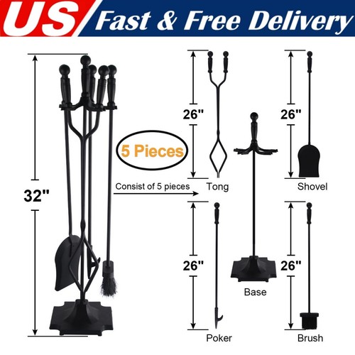 5Pcs Fireplace Tools Set Wrought Iron Fire Place Accessories Tools with Handles