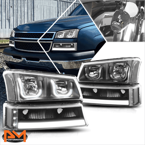 For 03-06 Chevy Silverado/Avalanche LED DRL Bar J-Halo Headlights BLack/Clear