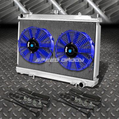 2-РЯДНЫЙ АЛЮМИНИЕВЫЙ РАДИАТОР + КОМПЛЕКТ ИЗ 2X9 ВЕНТИЛЯТОРОВ СИНЕГО ЦВЕТА ДЛЯ 95-98 240SX SILVIA S14 SR20/SR