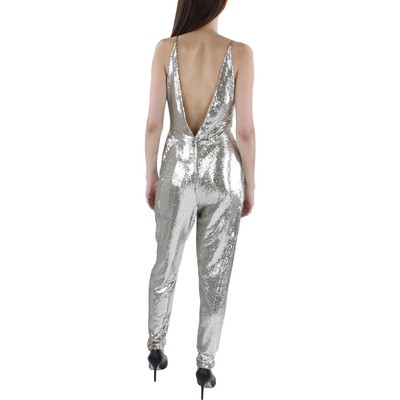 

Halston Womens Mariah Silver Twist Front V-образный вырез Вечерний комбинезон  BHFO 5383, Серебряный