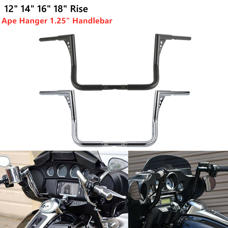 12 14 16 Inch Ape Hanger Handlebars For Harley Touring FLHT – Chrome Or Black Rise
