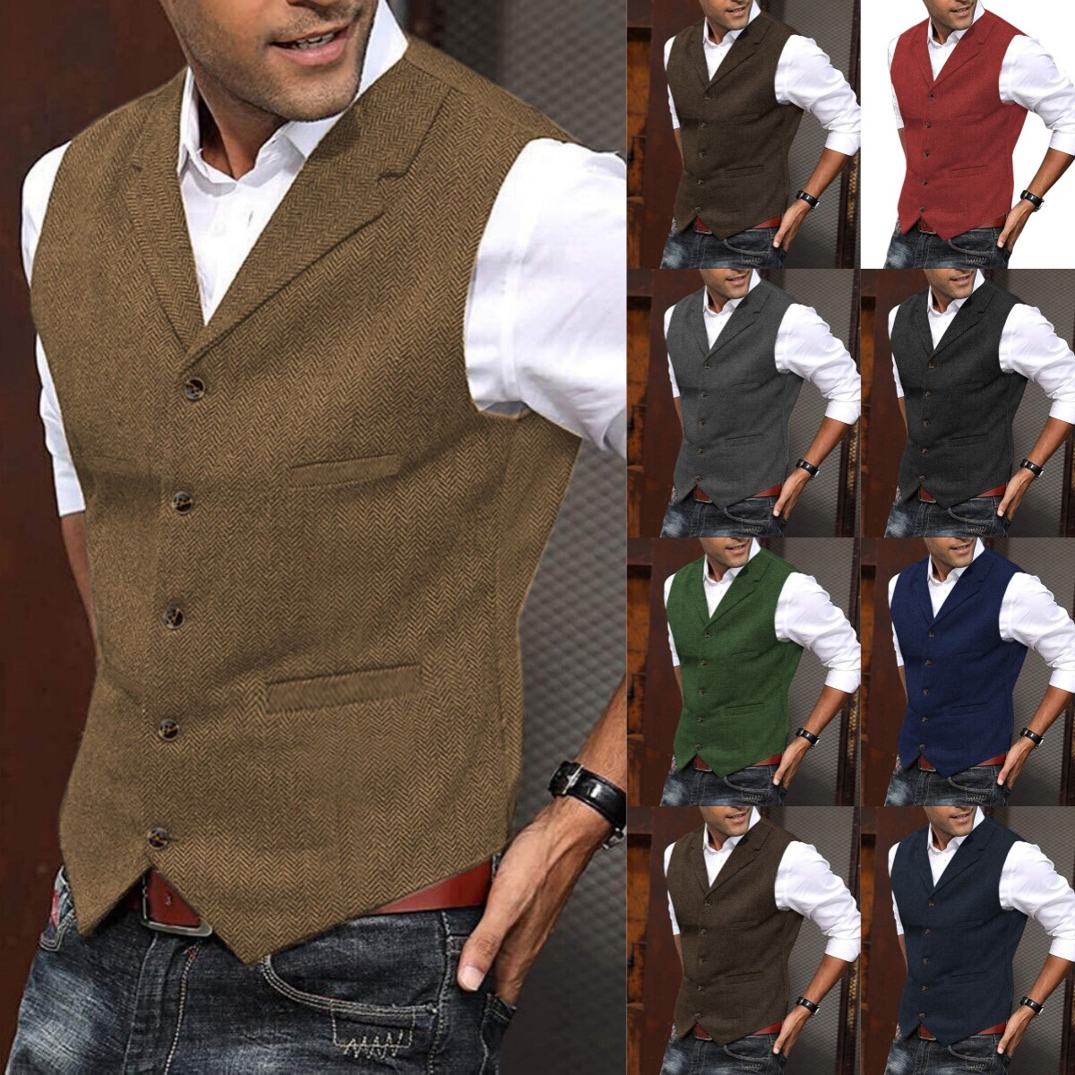 アパルトモン Original Yarn Tweed VEST VOBOOM Men's Slim Fit Herringbone Tweed Suits Vest Premium