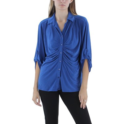 Женская синяя рубашка с рюшами на пуговицах Petites PXL BHFO 2321 из коллекции NY Collection