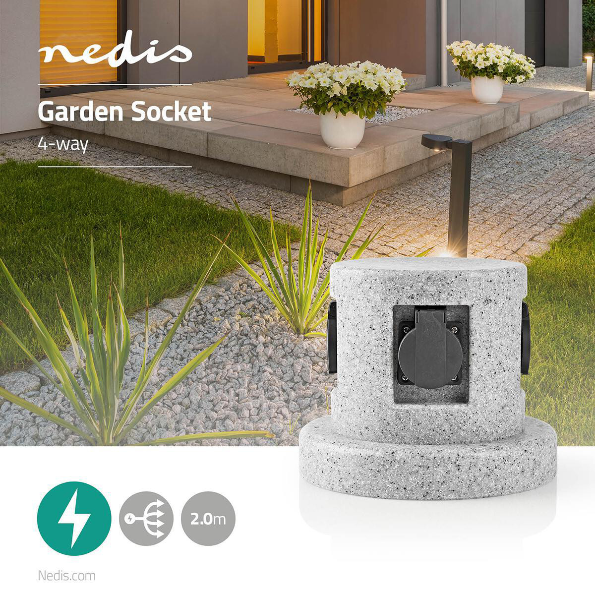 Gartensteckdose 4 fach rund Steinoptik IP44 2 Meter Kabel