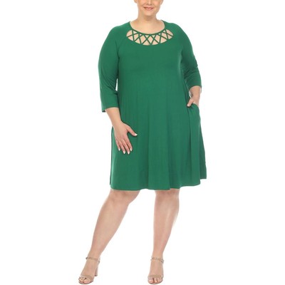 Женское повседневное миди-платье White Mark Womens Green Lattice Swing Casual Midi Dress Plus 2XL BHFO 1053