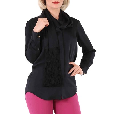 Pre-owned Burberry Ladies Michela Black Fringed Scarf Detail Silk Satin Shirt, Brand Size