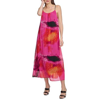 Женское шифоновое платье миди с круглым вырезом и принтом DKNY BHFO 5340